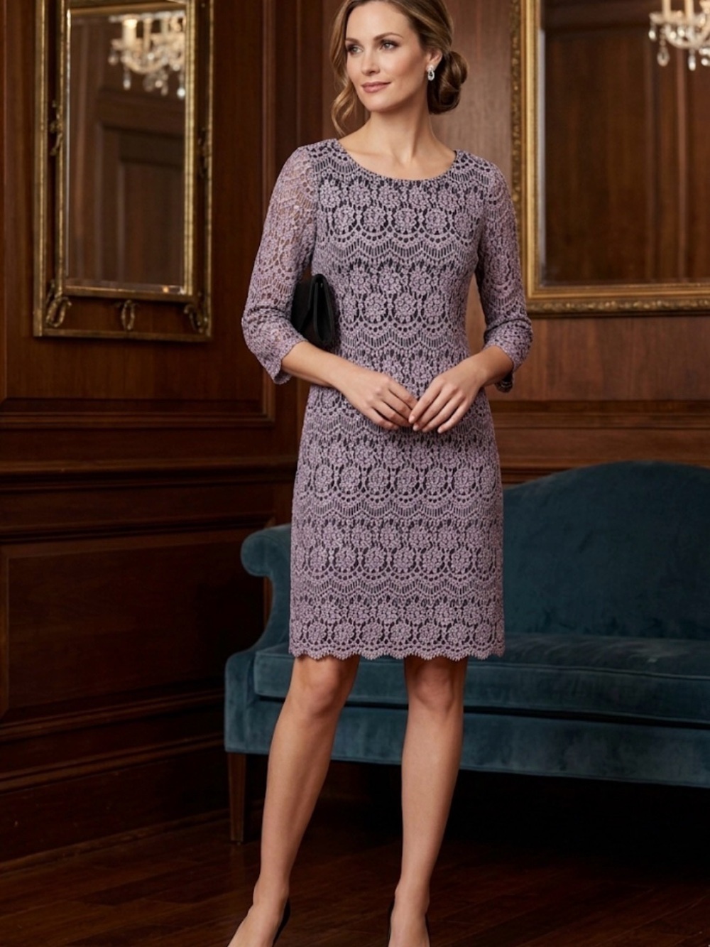 Jessica Howard Lilac Lace Sheath Dress with Three-Quarter Sleeves